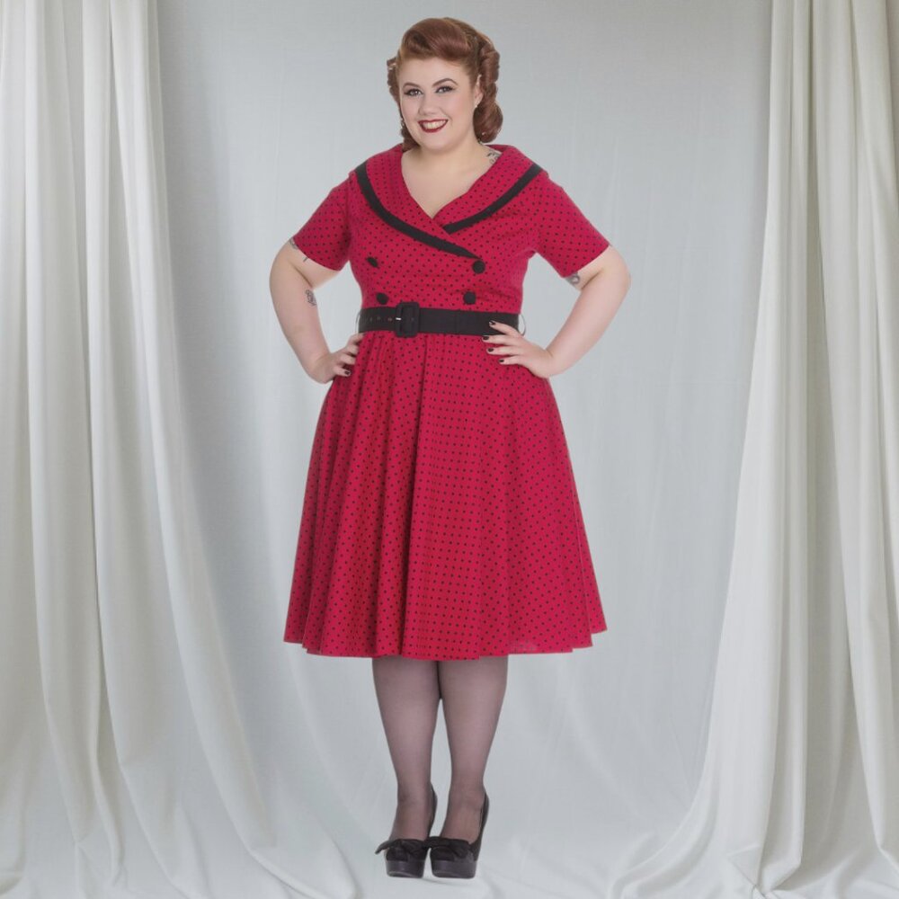 Hell Bunny Mimi Dress - Red Polka Dot V-Neck Collared belted Party Dress 2X